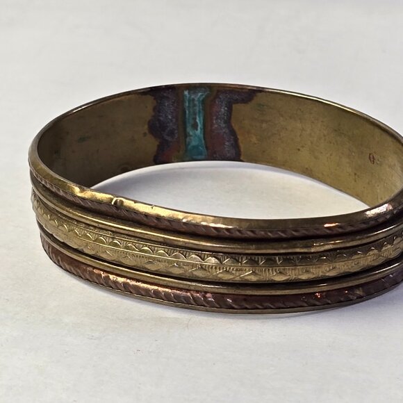 Vintage Bangle Bracelet Mixed Metal Etched Brass & Copper Boho Gypsy Style 8.5in - Picture 8 of 8